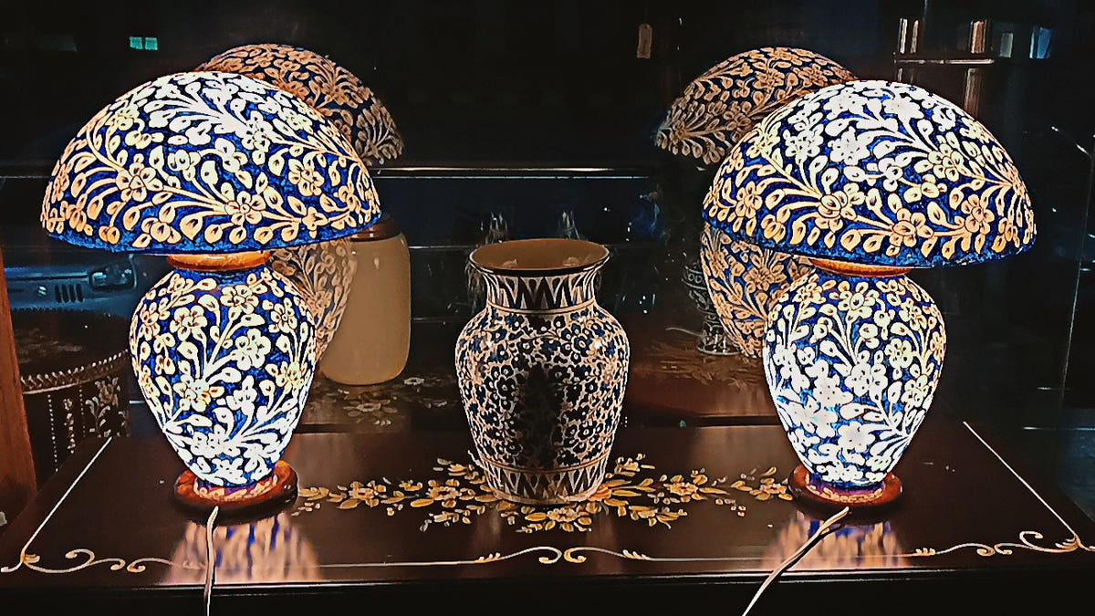 Mushroom Lamp, Camel Skin, Blue, lit view