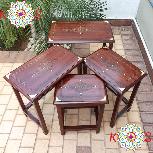 Nesting Tables with Brass Inlay and Carving, Set of 4, front view