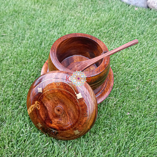 Sugar Pot with Brass Inlay Work, 4 inch, brass detail