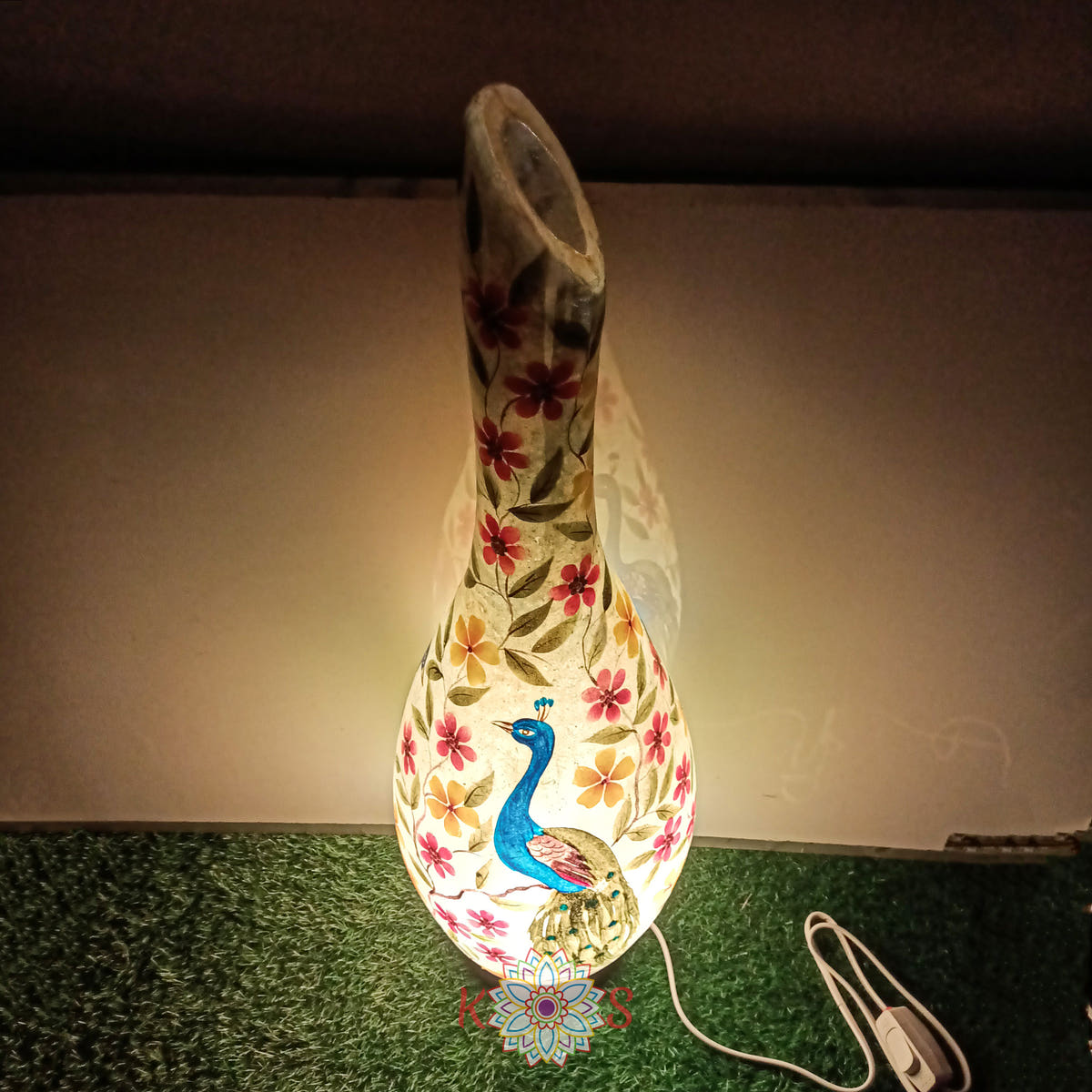 Peacock Painting Surahi Table Lamp, Camel Skin, side view