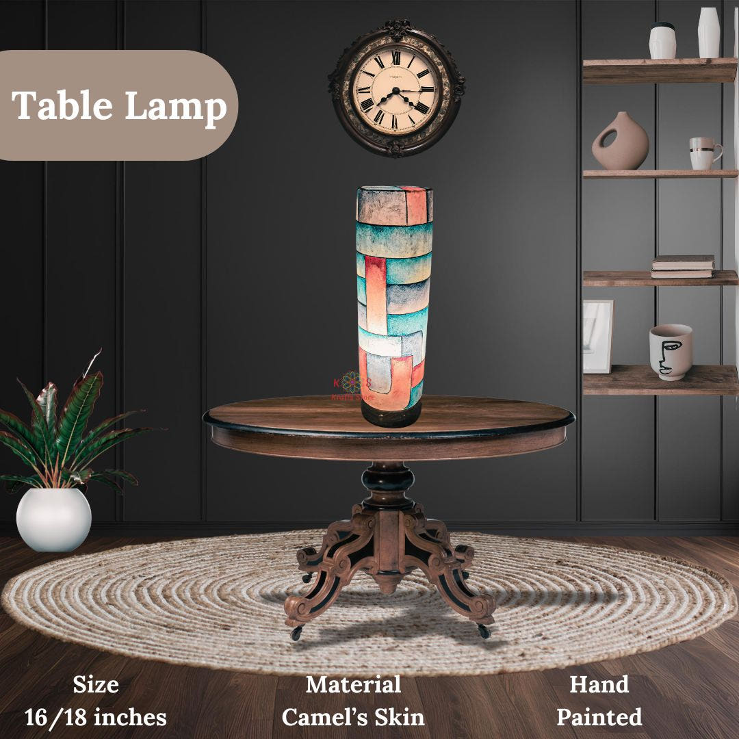 Glass Shape Camel Skin Table Lamp, Vibrant Naqashi, lit view