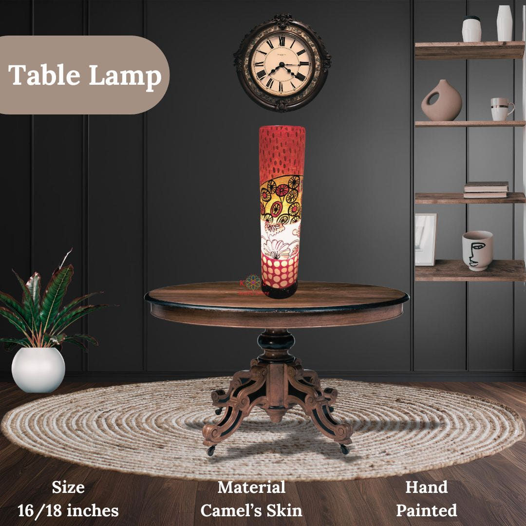 Glass Shape Camel Skin Table Lamp, Rustic Naqashi, lit view