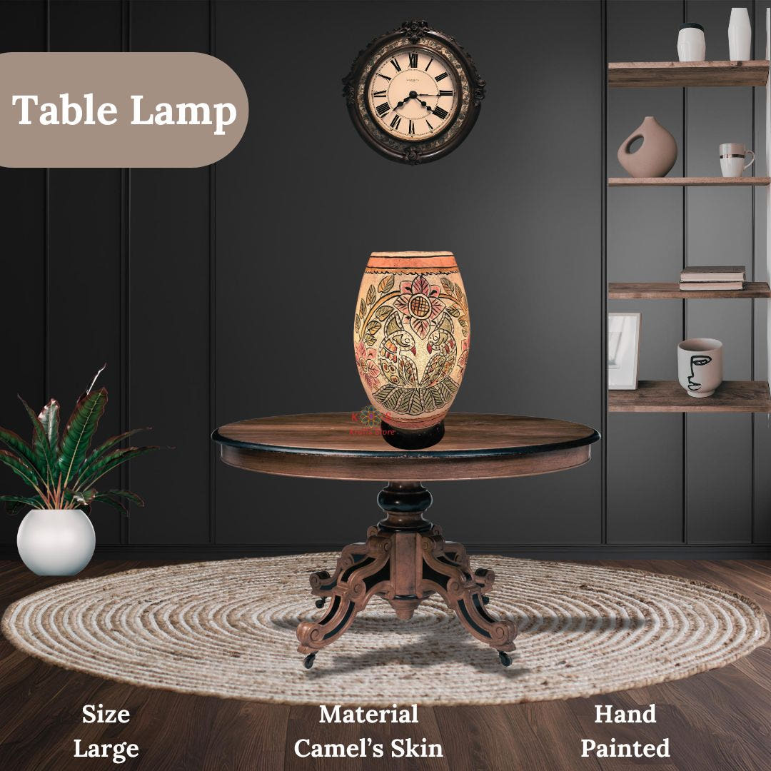 Floral Art with Parrots Camel Skin Table Lamp, lit view