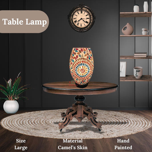 Floral Art Camel Skin Table Lamp, lit view