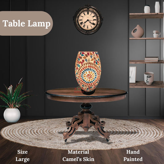 Floral Art Camel Skin Table Lamp, lit view