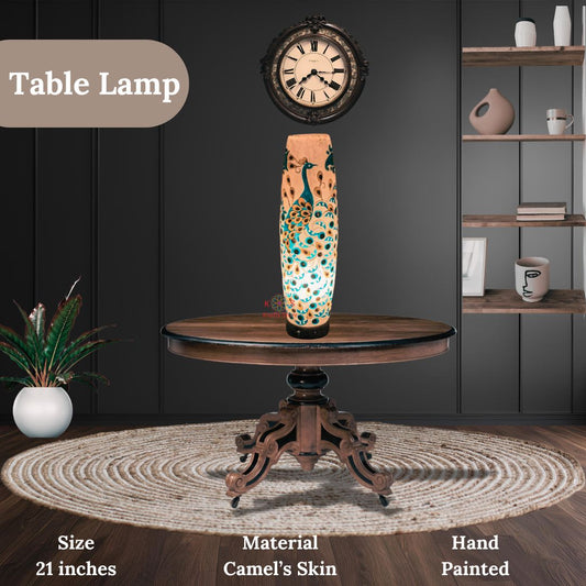Floral Motif Bottle Shape Table Lamp, Camel Skin, front view