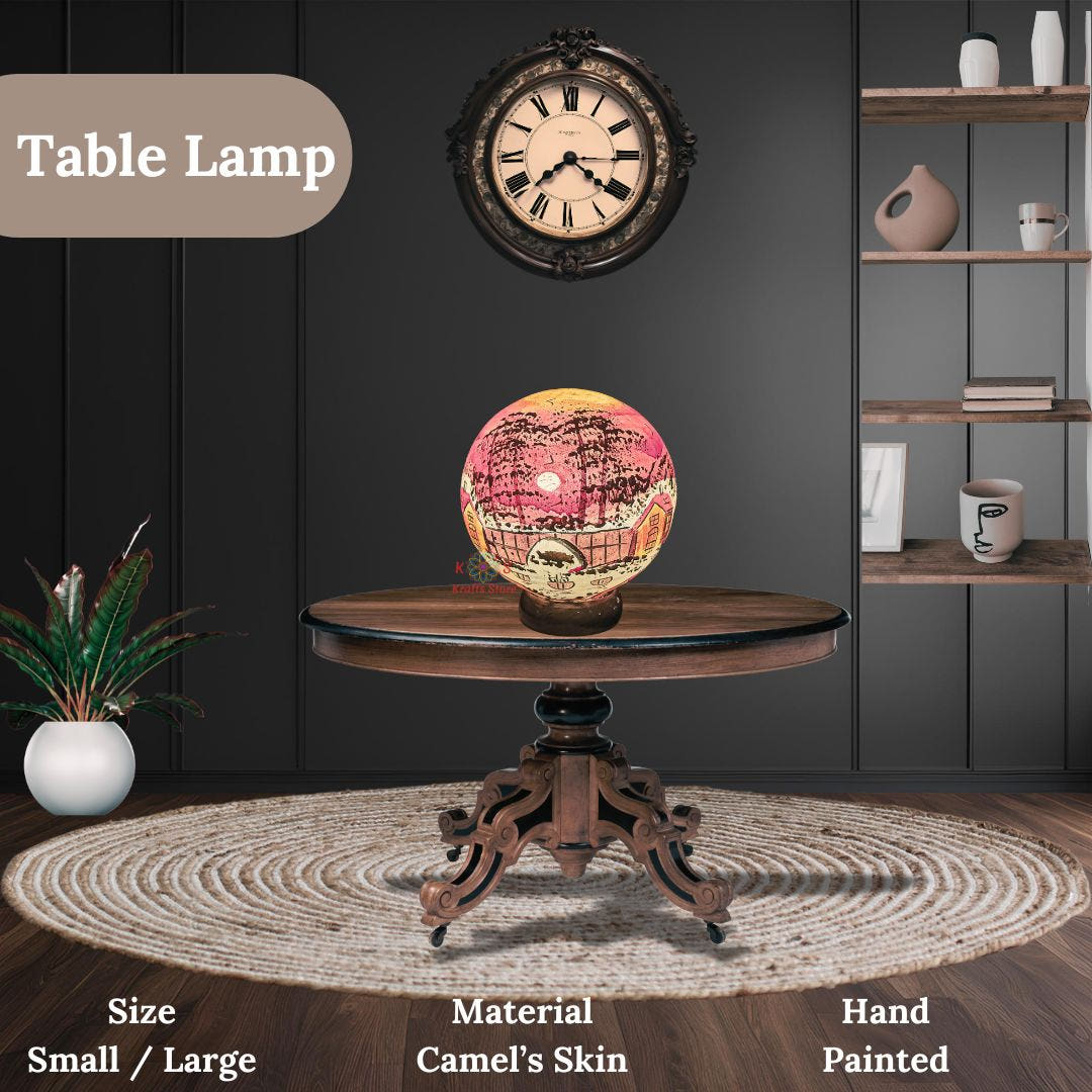 Home Painting Globe Lamp, Camel Skin, lit view