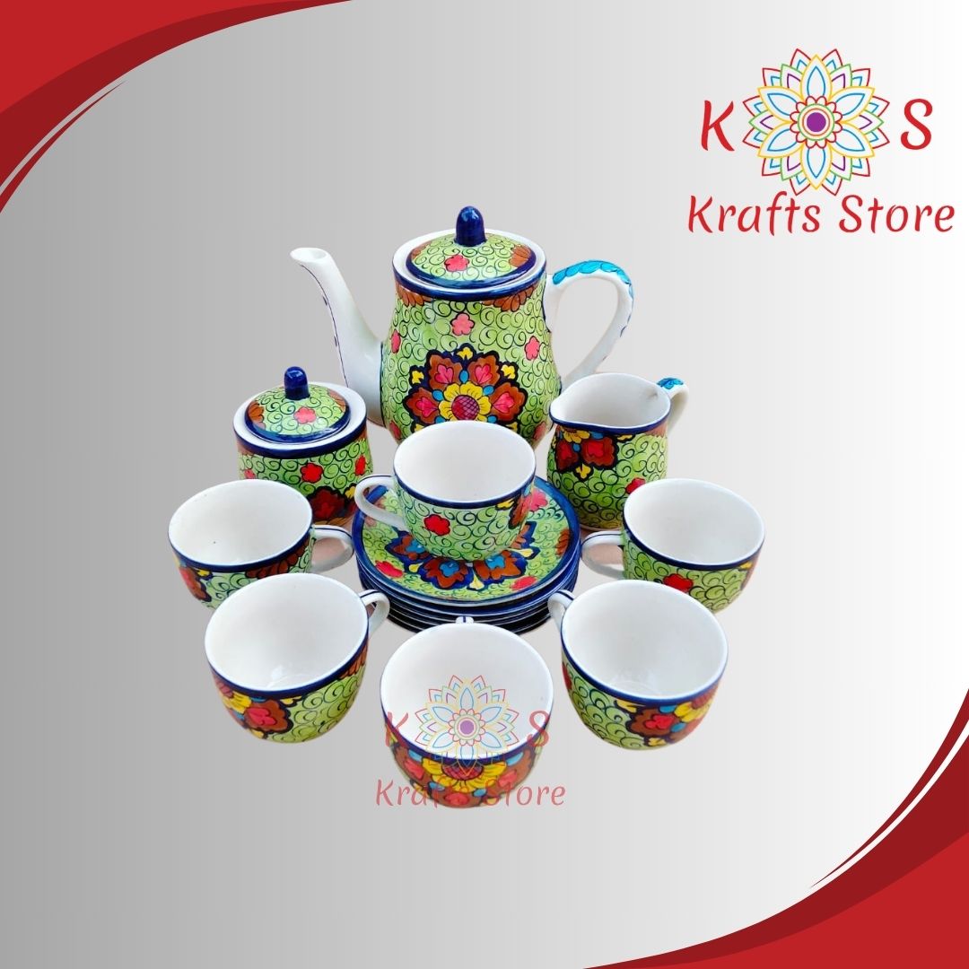 Multani Blue Pottery, Pakistani Art of Blue Pottery, Pakistani handmade, Ceramic Tea Set, 6 Persons