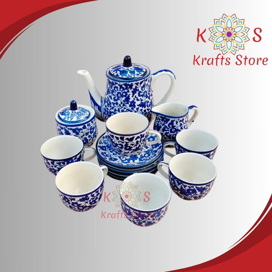 Multani Blue Pottery, Pakistani Art of Blue Pottery, Pakistani handmade, Ceramic Tea Set, 6 Persons