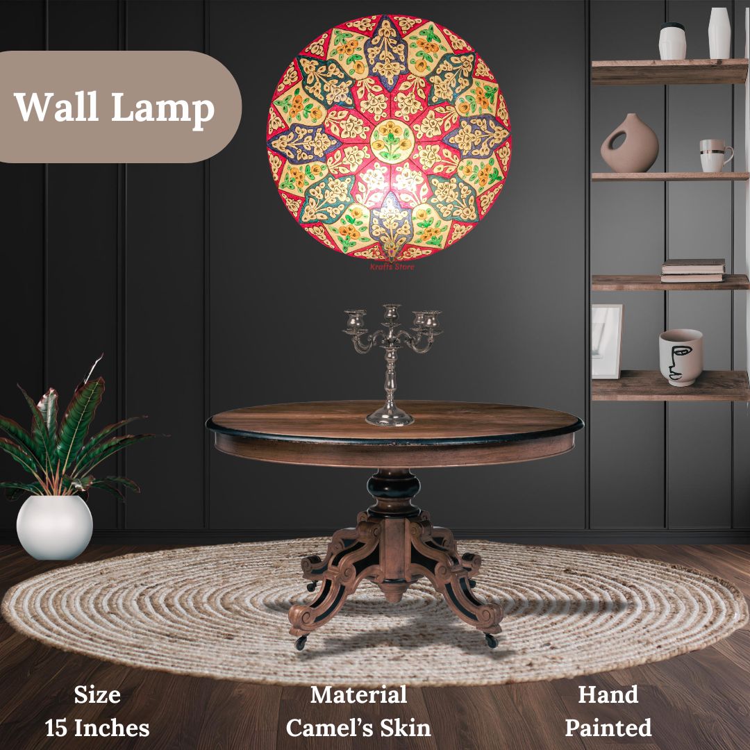 Peacock Motif Wall Lamp, Camel Skin, front view
