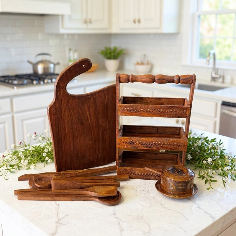 Premium Wooden Kitchen Essentials Set – Cutting Board, Spoon Rack & Serving Accessories