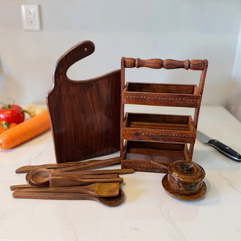 Premium Wooden Kitchen Essentials Set – Cutting Board, Spoon Rack & Serving Accessories