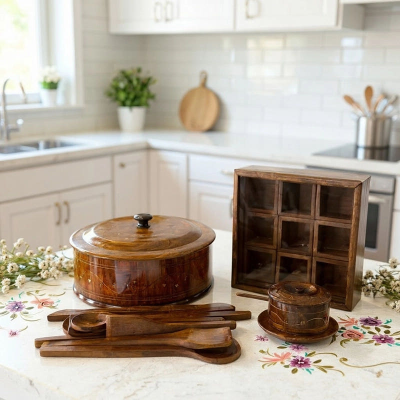 Premium Wooden Kitchen Set with Hotpot Spice Box Utensils and Sugar Pot, front view