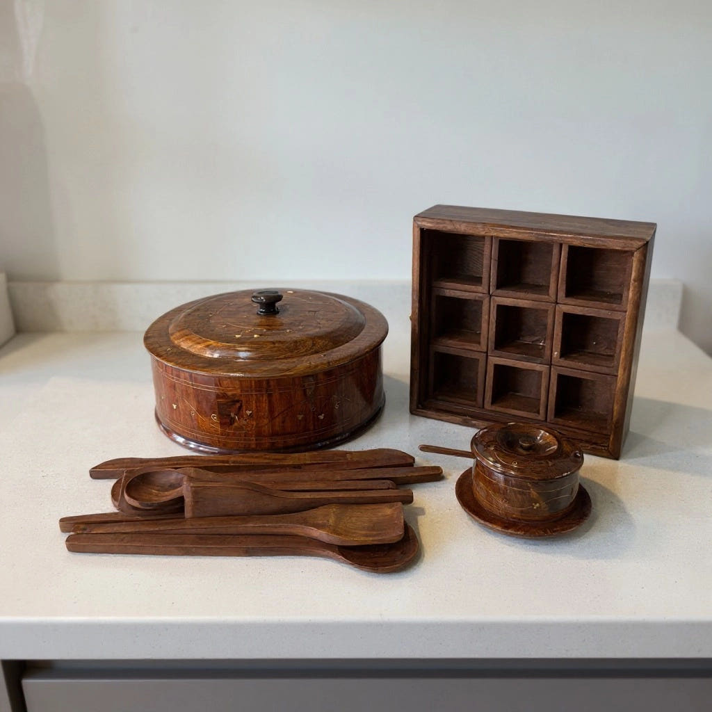 Premium Wooden Kitchen Set with Hotpot Spice Box Utensils and Sugar Pot, full set view