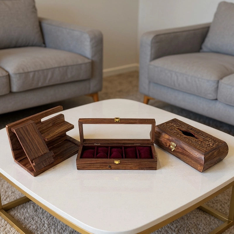 Pack of 3 Premium Desk & Watch Essentials | Organizer, Tissue Box & 5-Watch Box