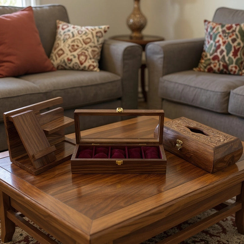 Pack of 3 Premium Desk & Watch Essentials | Organizer, Tissue Box & 5-Watch Box