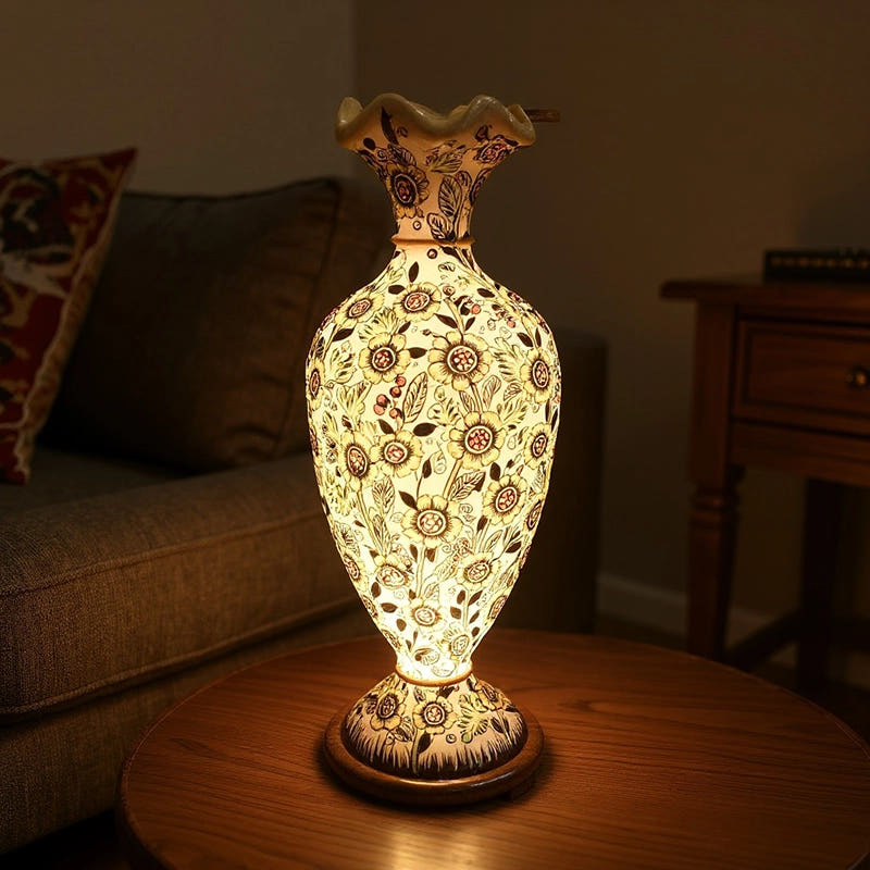 Vase Shape Floor Lamp, Camel Skin, 33 Inches, lit view