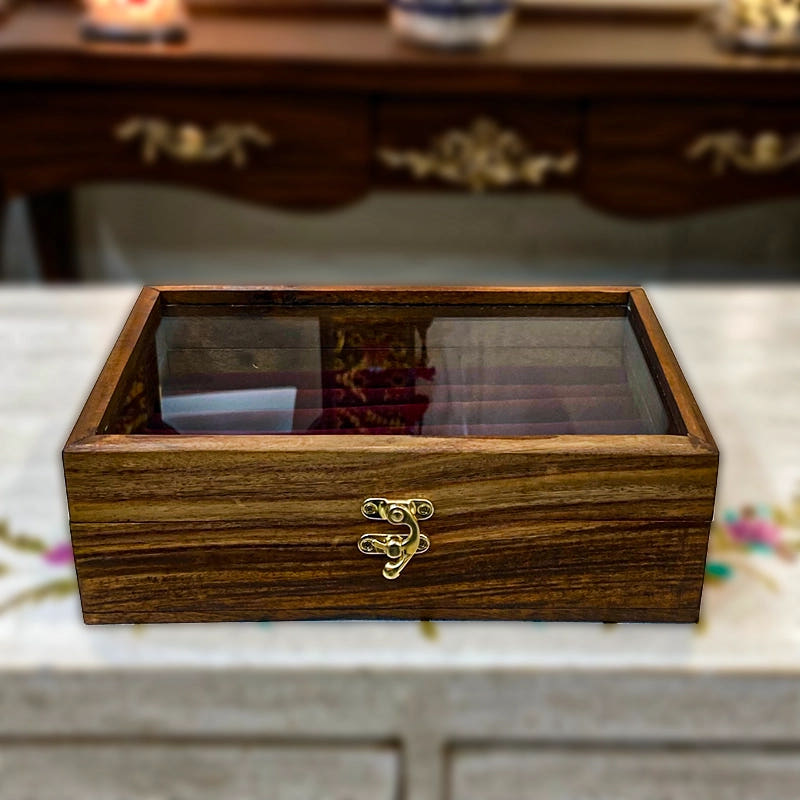 Cufflinks Box Large with Glass Lid, open view showing compartments