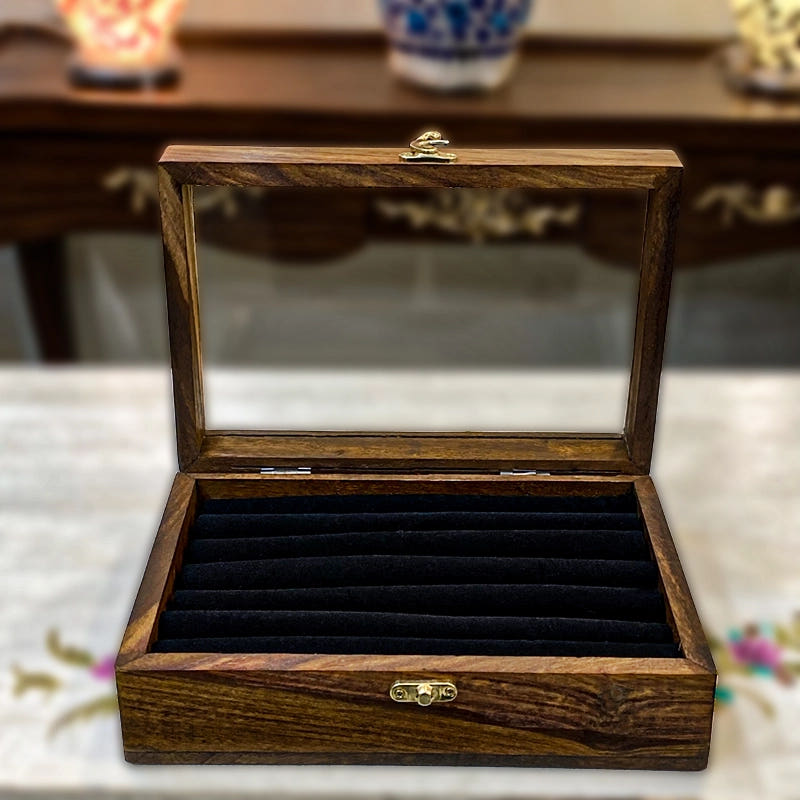 Cufflinks Box Large with Glass Lid, Sheesham wood detail