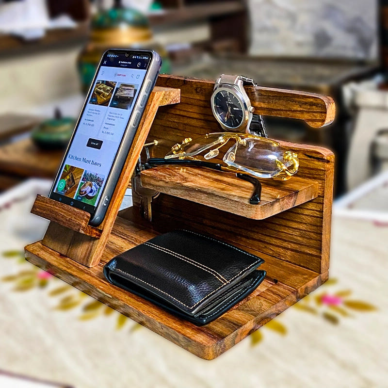Premium Desk Organizer with Mobile Holder, Sheesham wood, side view