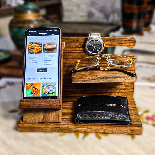 Premium Desk Organizer with Mobile Holder, Sheesham wood, front view