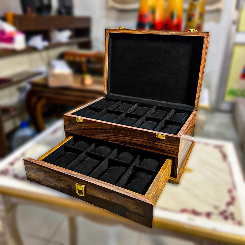 Elegant Watch Organizer with Drawer | 18 Slots | Solid Wood Top