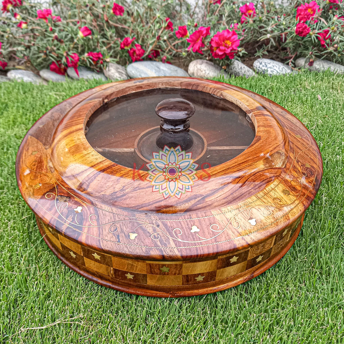 Dry Fruit Serving Bowl with Brass Work, 5 Compartments, front view