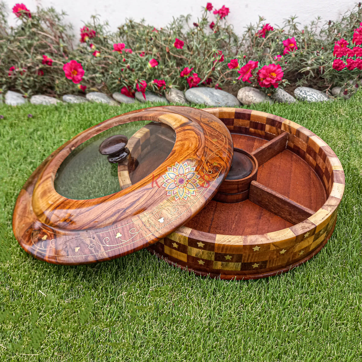 Dry Fruit Serving Bowl with Brass Work, 5 Compartments, top view