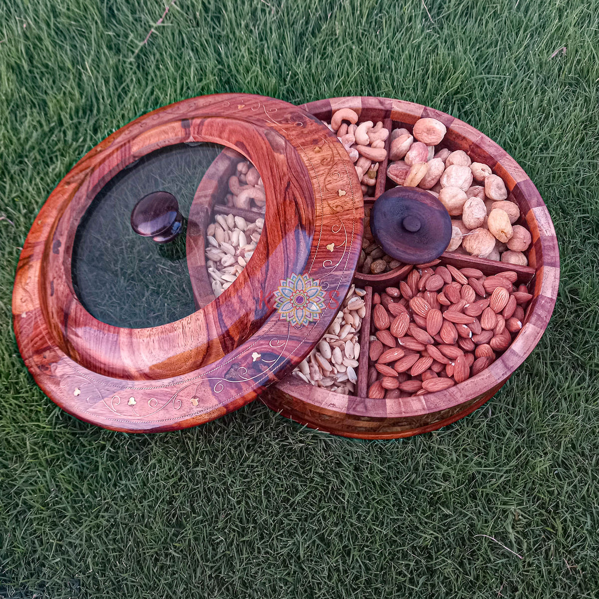 Dry Fruit Serving Bowl with Brass Work, 5 Compartments, brass detail