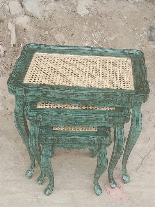 Nesting Tables with Chalk Finish and Cane Work, Style 2, front view