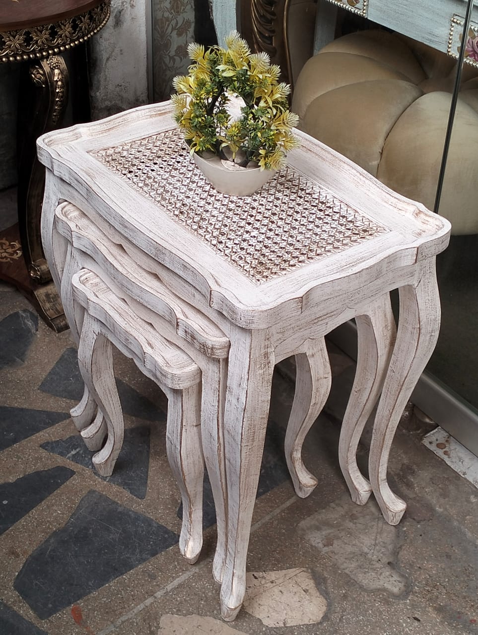 Nesting Tables with chalk finish and Cane work