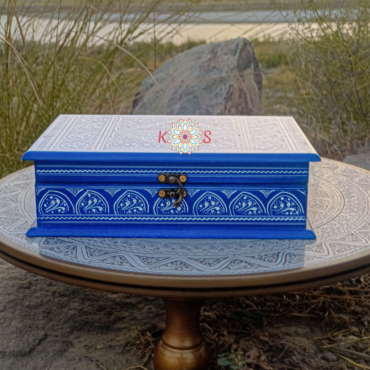 Blue Pottery Jewelry Box, Sheesham Wood, open view