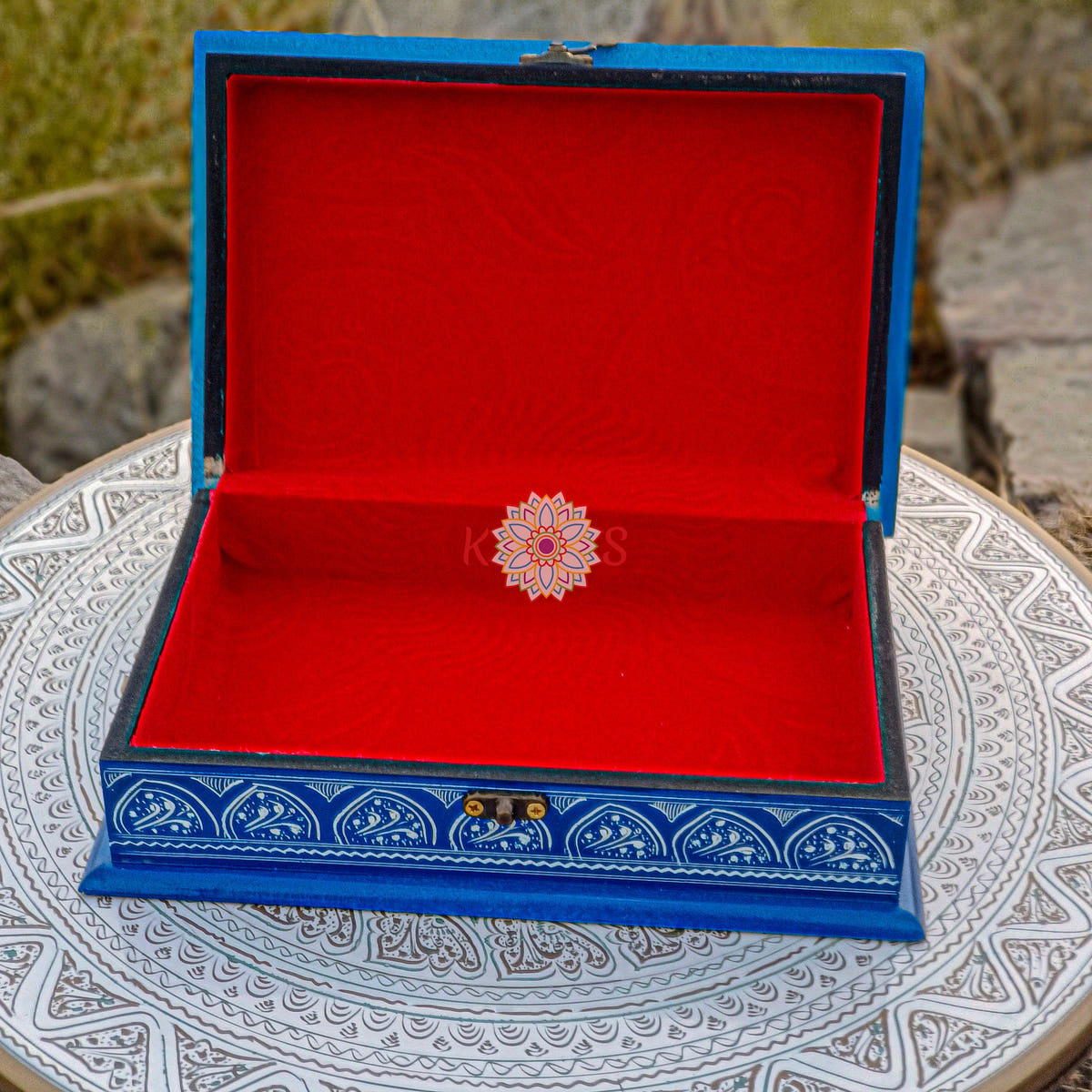 Blue Pottery Jewelry Box, Sheesham Wood, side view