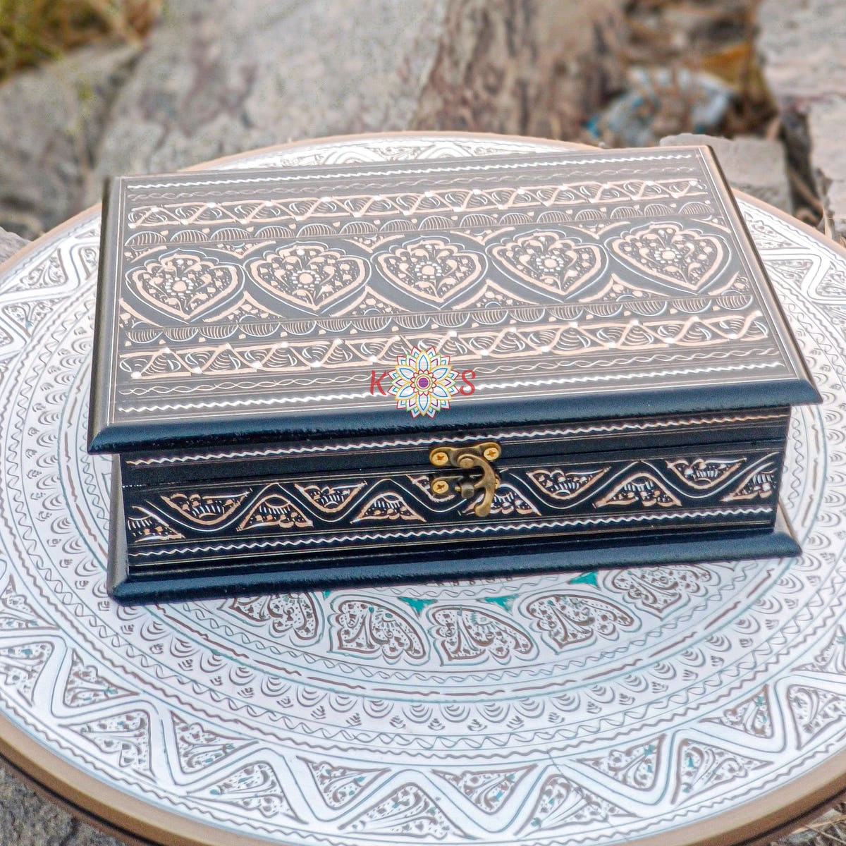 Black and Gold Naqashi Jewelry Box, Sheesham Wood, front view