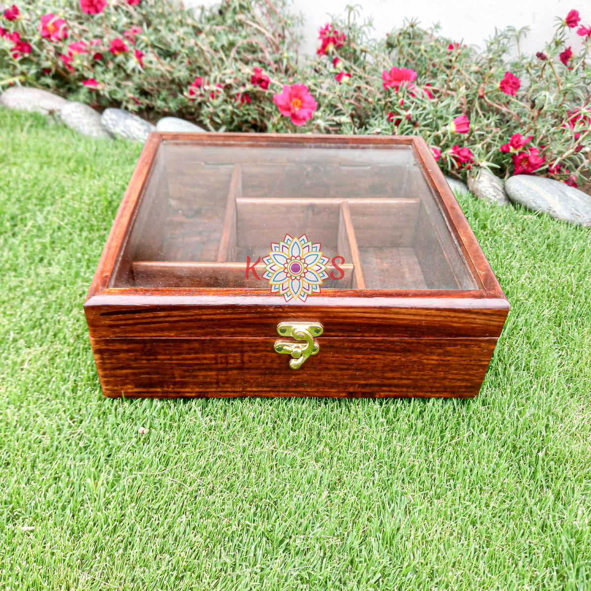 Square Dry Fruit Serving Box, 5 Fixed Compartments, angle view