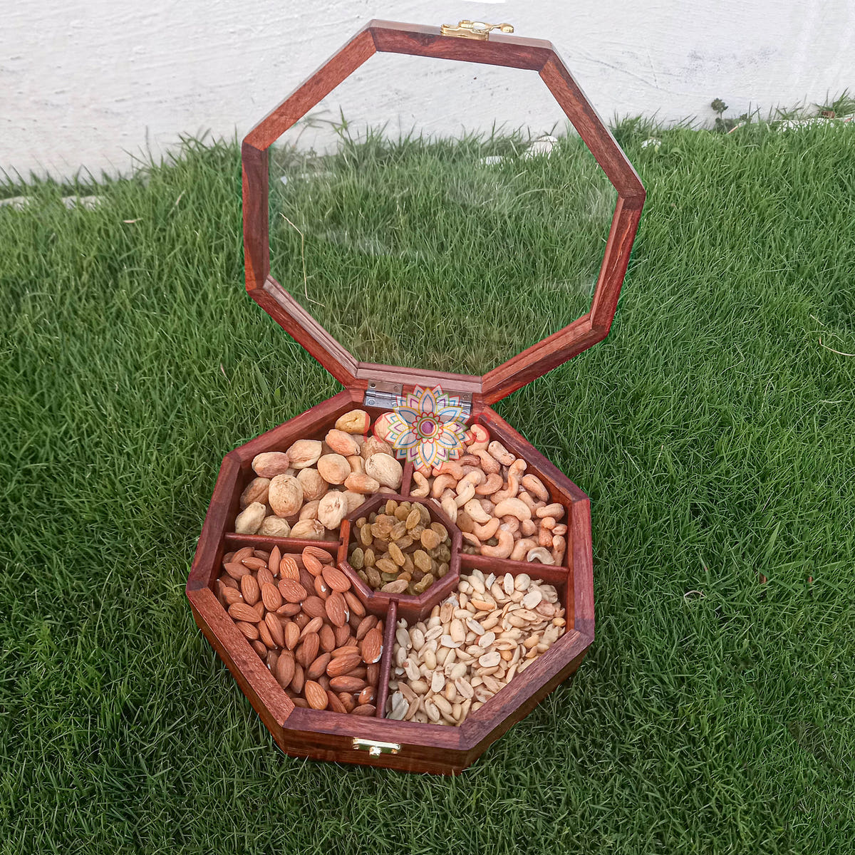 Octagon Dry Fruit Serving Box, 5 Fixed Compartments, front view
