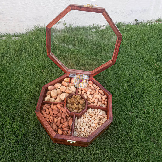 Octagon Dry Fruit Serving Box, 5 Fixed Compartments, front view