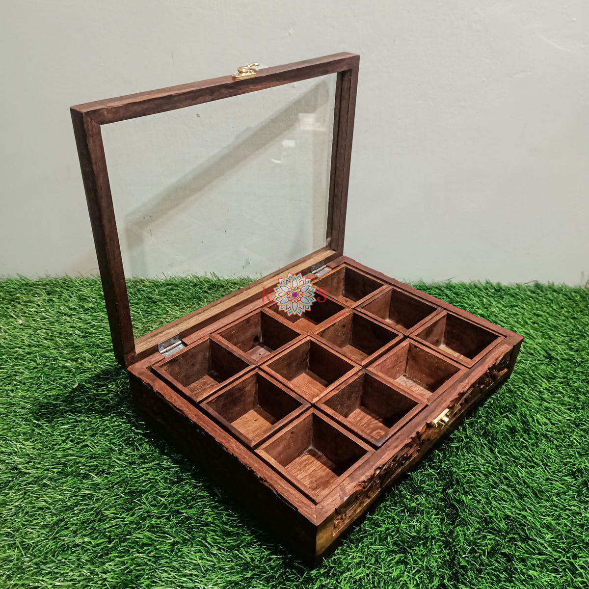 Masala Box with Carving Work, 12 Movable Compartments, Sheesham wood, front view