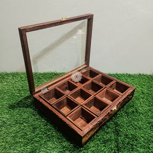 Masala Box with Carving Work, 12 Movable Compartments, Sheesham wood, front view