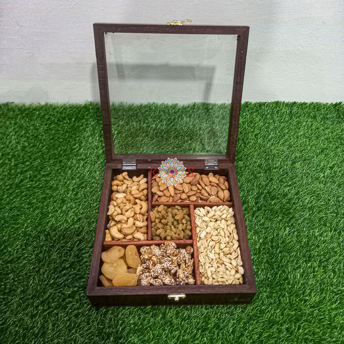 Square Dry Fruit Serving Box, 5 Fixed Compartments, front view