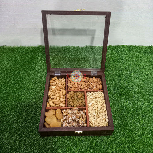 Square Dry Fruit Serving Box, 5 Fixed Compartments, front view