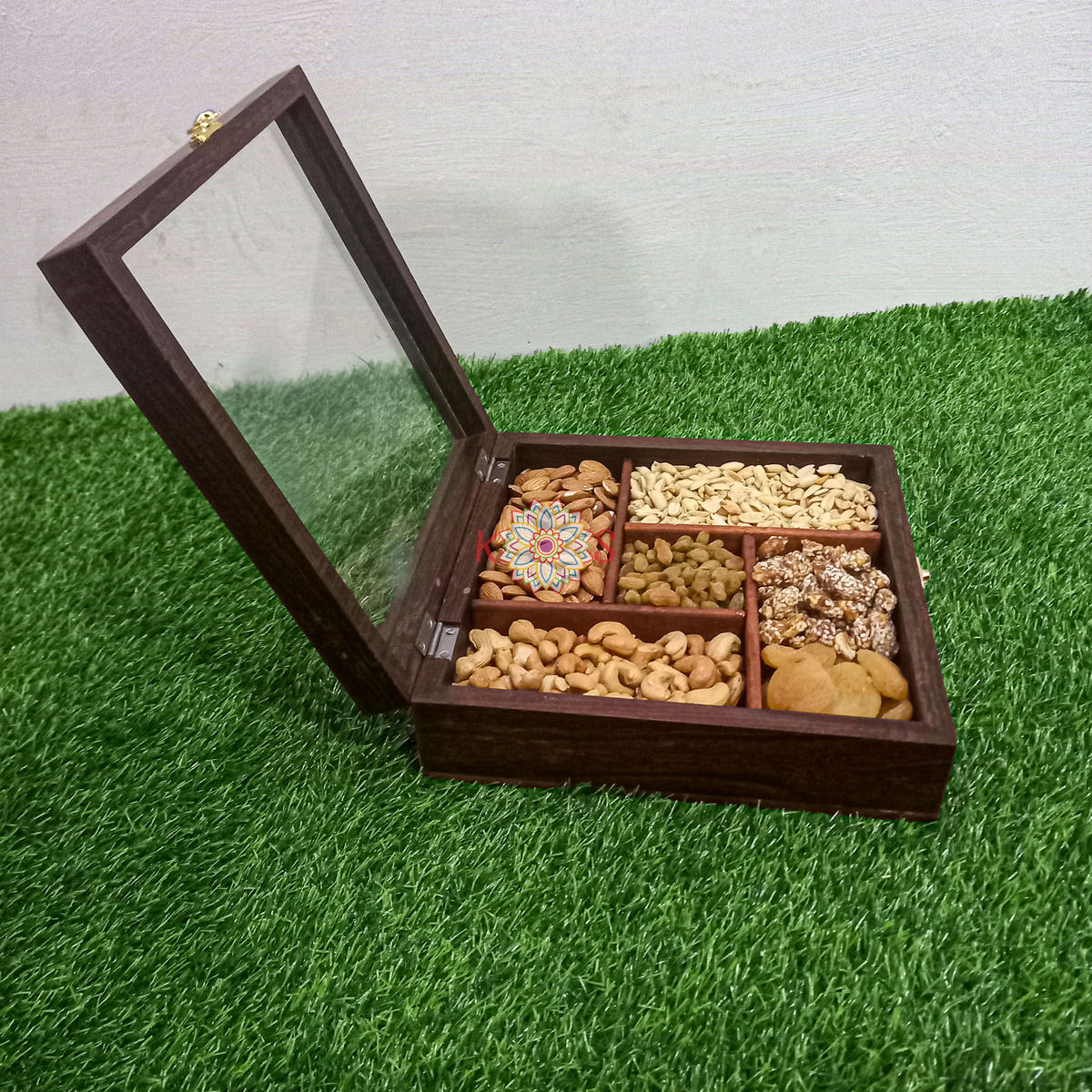 Square Dry Fruit Serving Box, 5 Fixed Compartments, top view