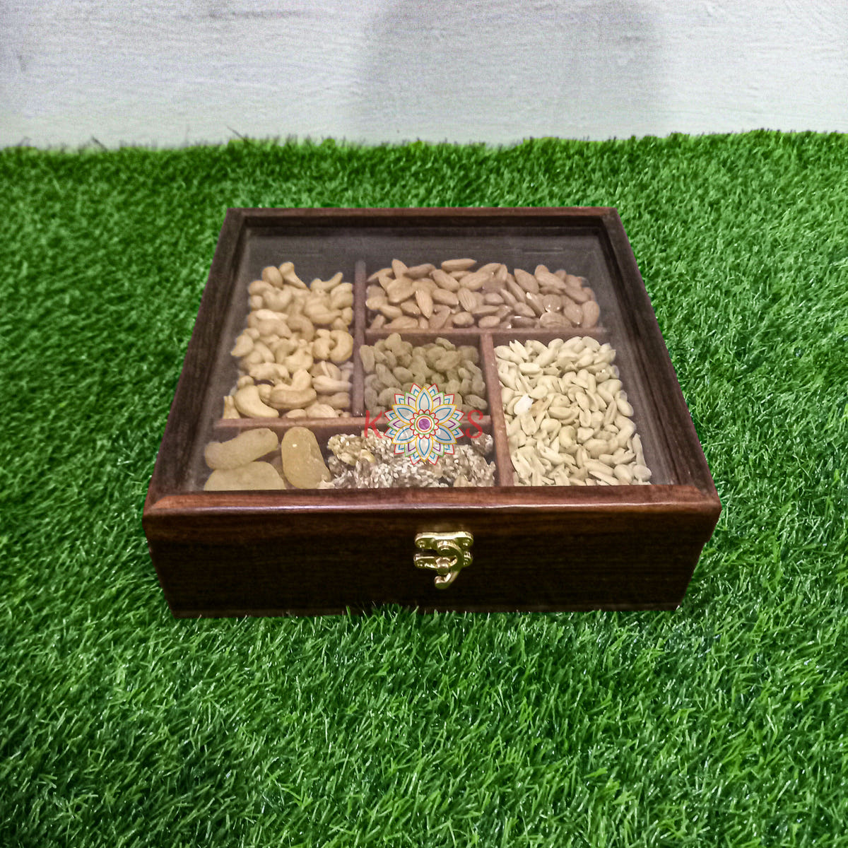 Square Dry Fruit Serving Box, 5 Fixed Compartments, side view
