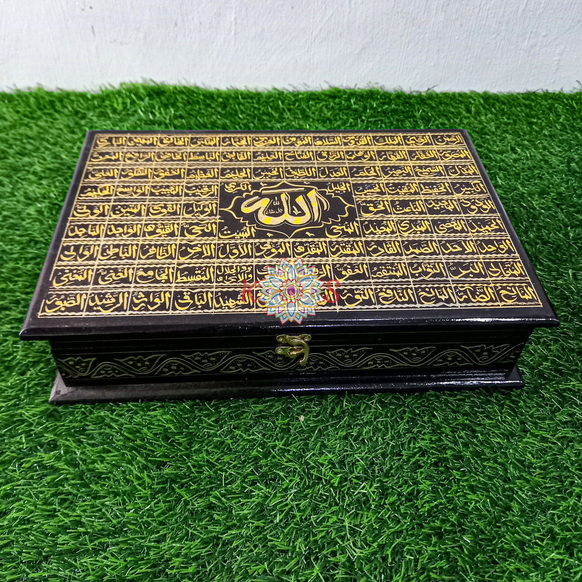 Quran Box with 99 Names of Allah, Black and Golden, front view