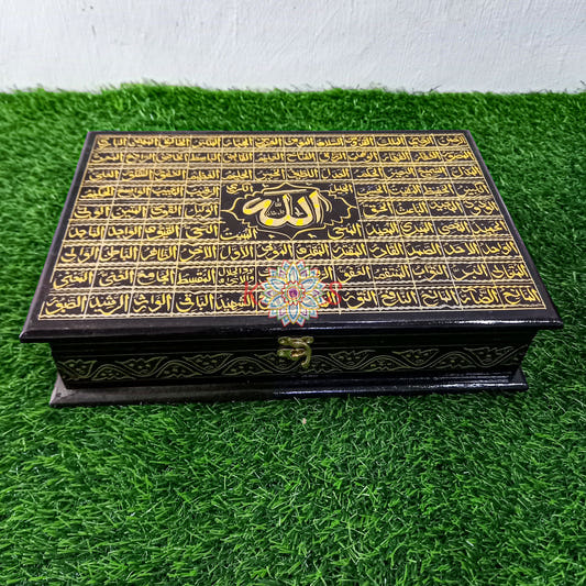 Quran Box with 99 Names of Allah, Black and Golden, front view