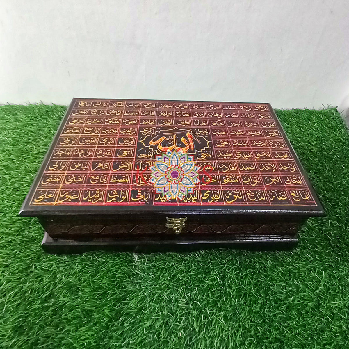 Quran Box with 99 Names of Allah, Black and Red, front view