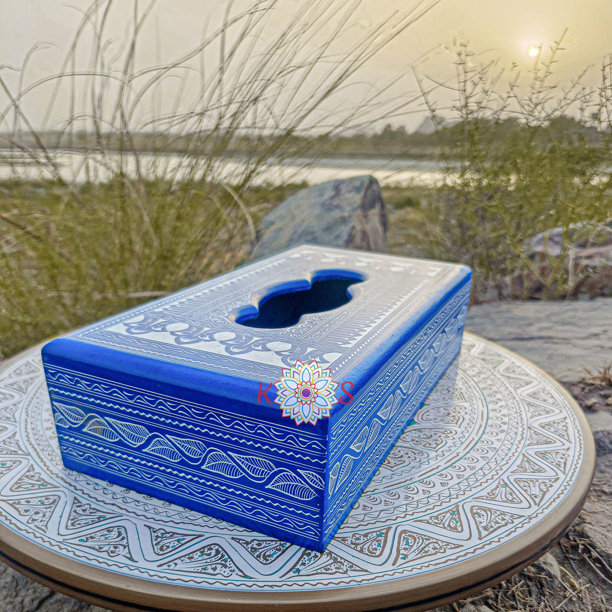 Blue Pottery Tissue Box, Sheesham Wood, front view