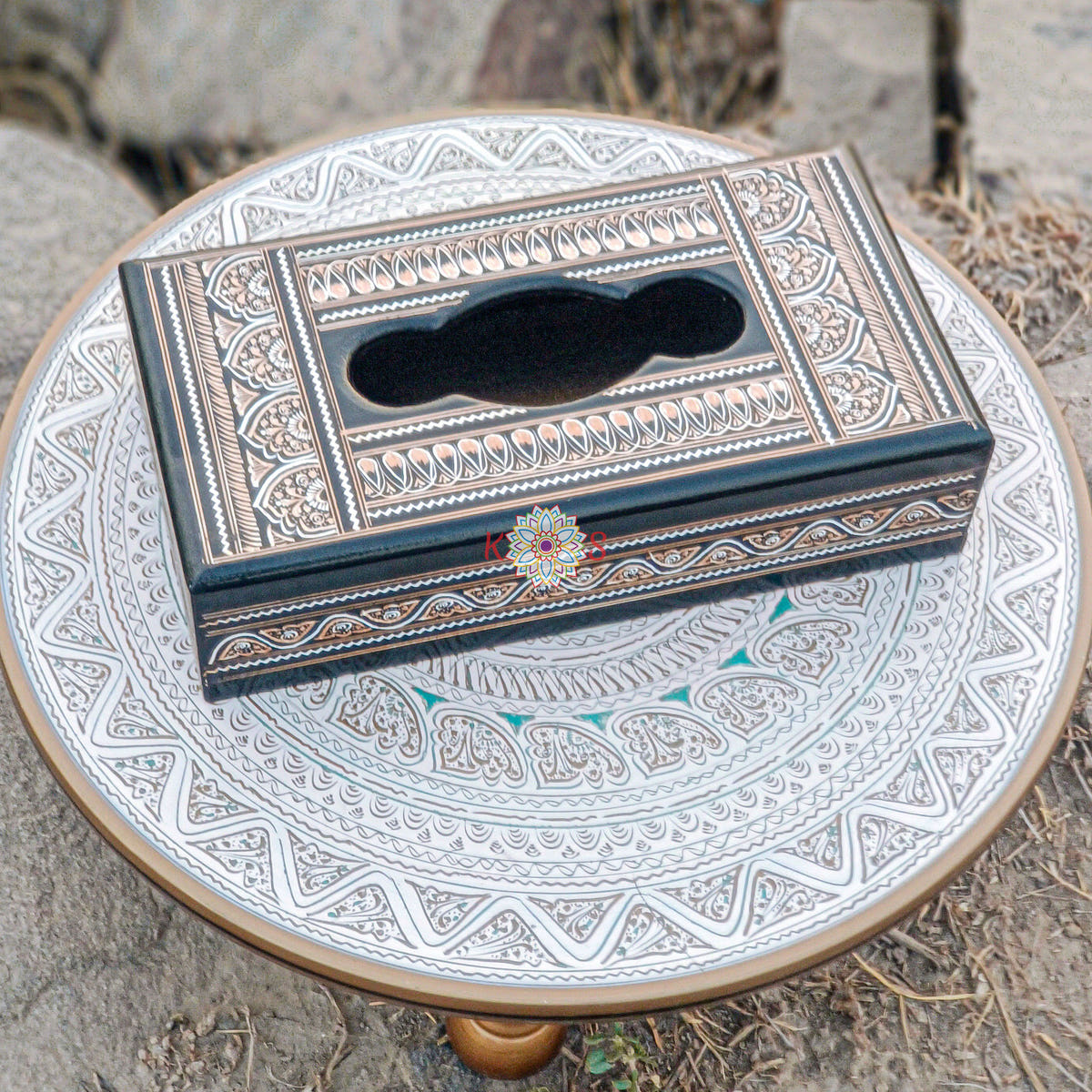 Black and Gold Tissue Box, Sheesham Wood, front view