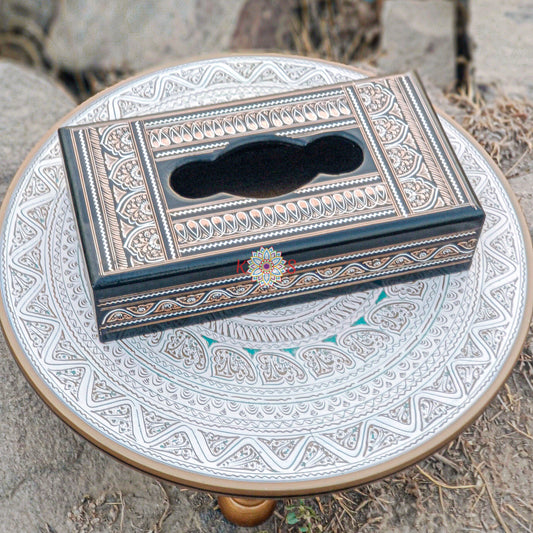 Black and Gold Tissue Box, Sheesham Wood, front view