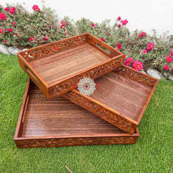 Serving Tray Set of 3, Sheesham Wood with Cutwork, front view